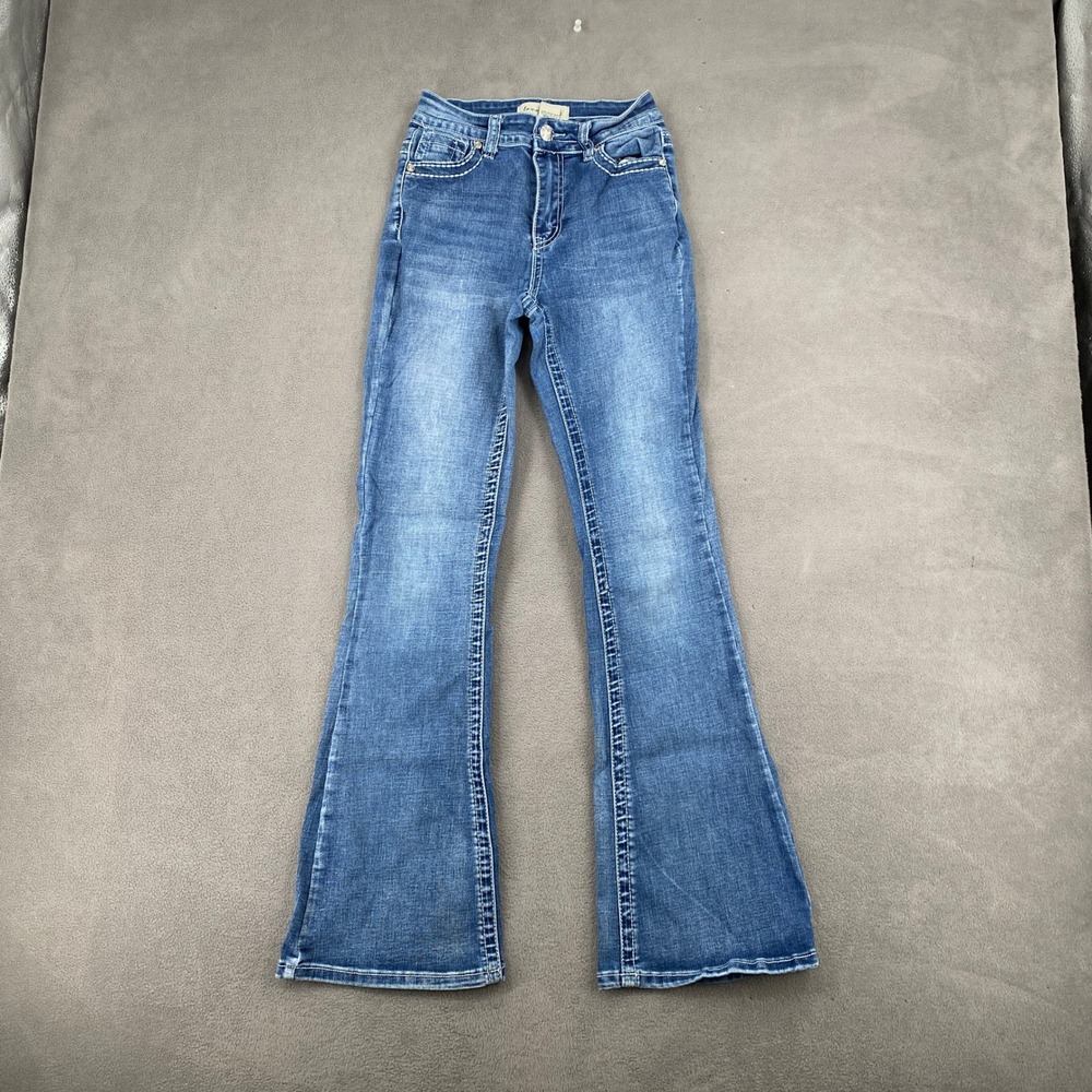 Love Soho Womens High Rise Bootcut Jeans Blue Size 00 Rhinestone Contrast Stitch